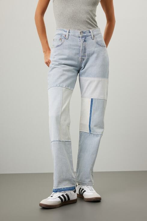 Levi's Denim - Levi's 501 Blue 100% Cotton Denim Patchwork Freehand Folk Jeans Size W 32 L 30